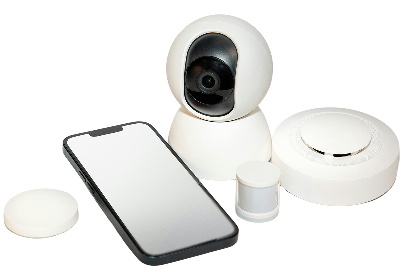 Téléphone, caméra, détecteur de mouvement et boîtier d'alarme incendie